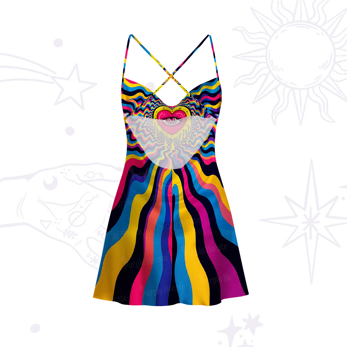 Purplehecate Trippy Heart Flame Satin Cross Back Mini Dress