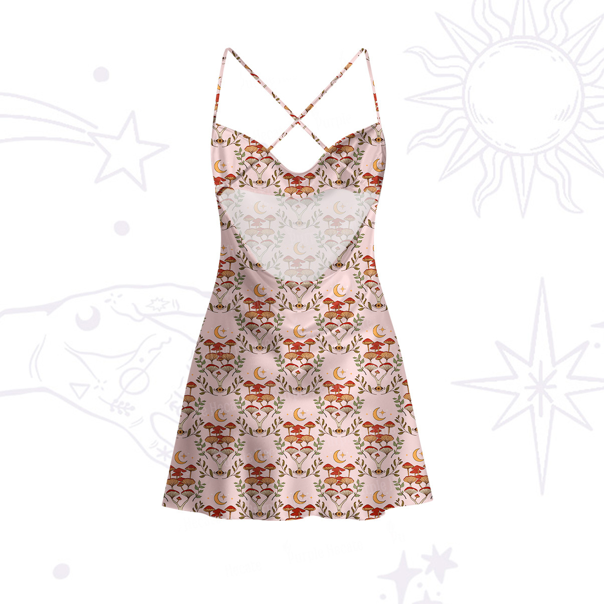 Purplehecate Psychedelic Mushrooms Satin Cross Back Mini Dress