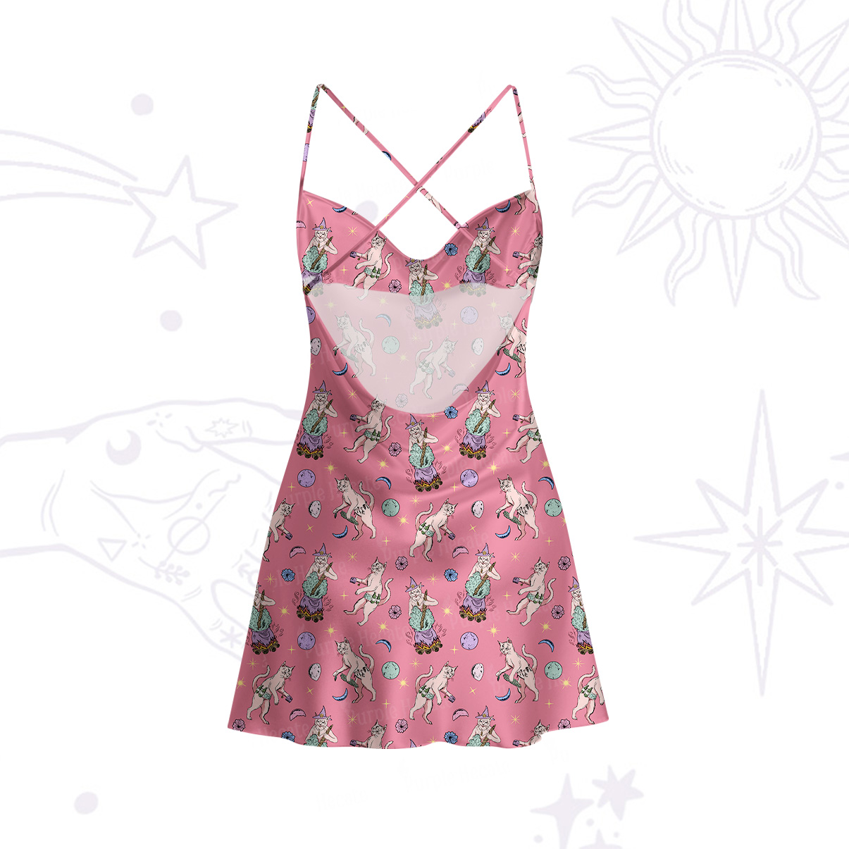 Purplehecate Cat Coven Satin Cross Back Mini Dress
