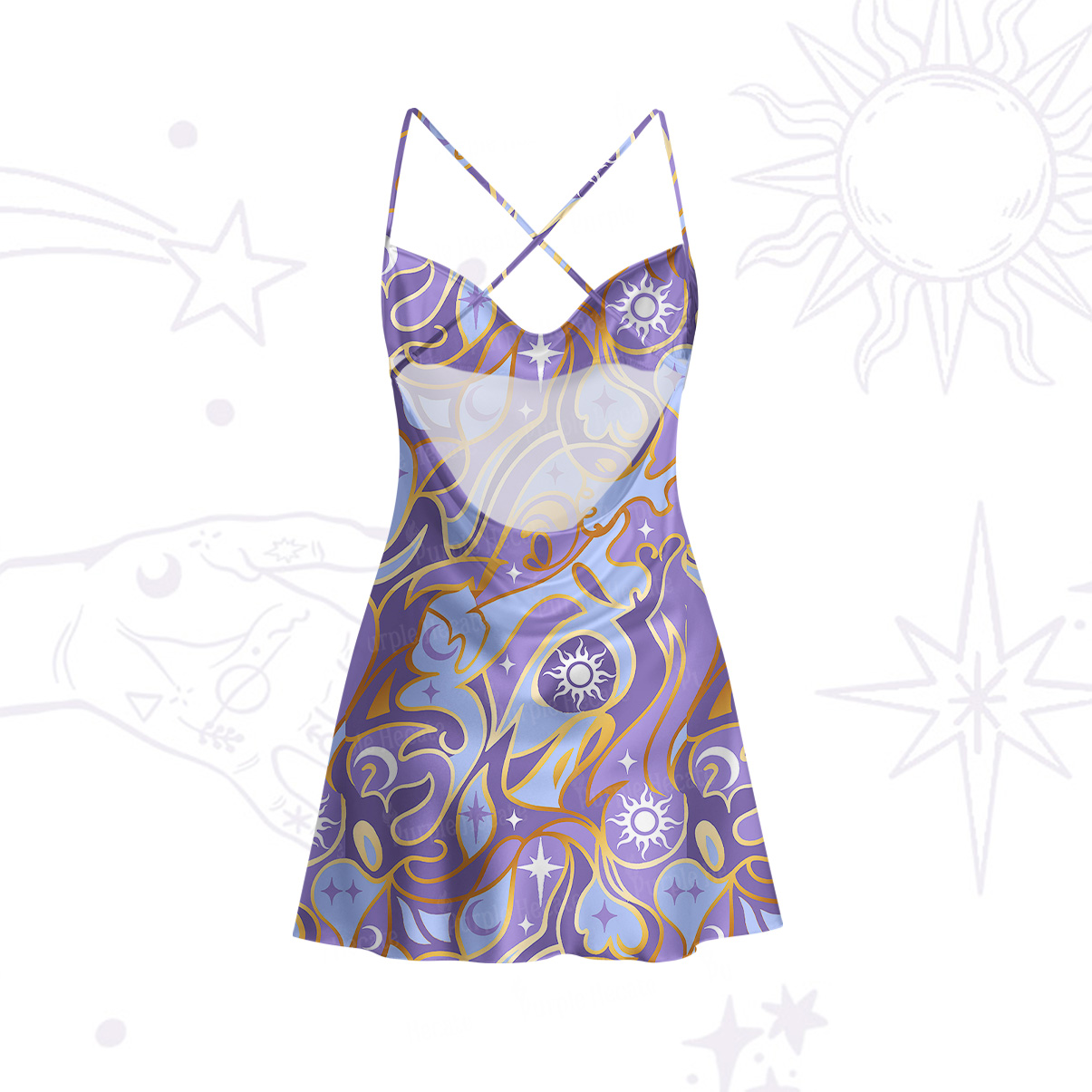 Purplehecate Divination Night Print Satin Cross Back Mini Dress