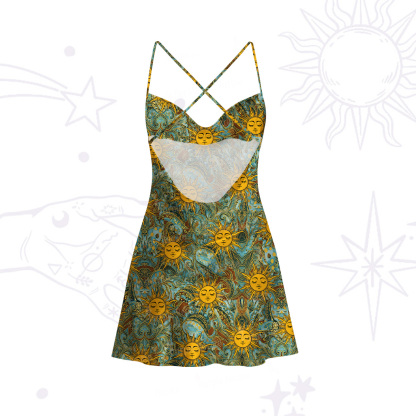 Purplehecate Golden Sun Wheel Satin Cross Back Mini Dress