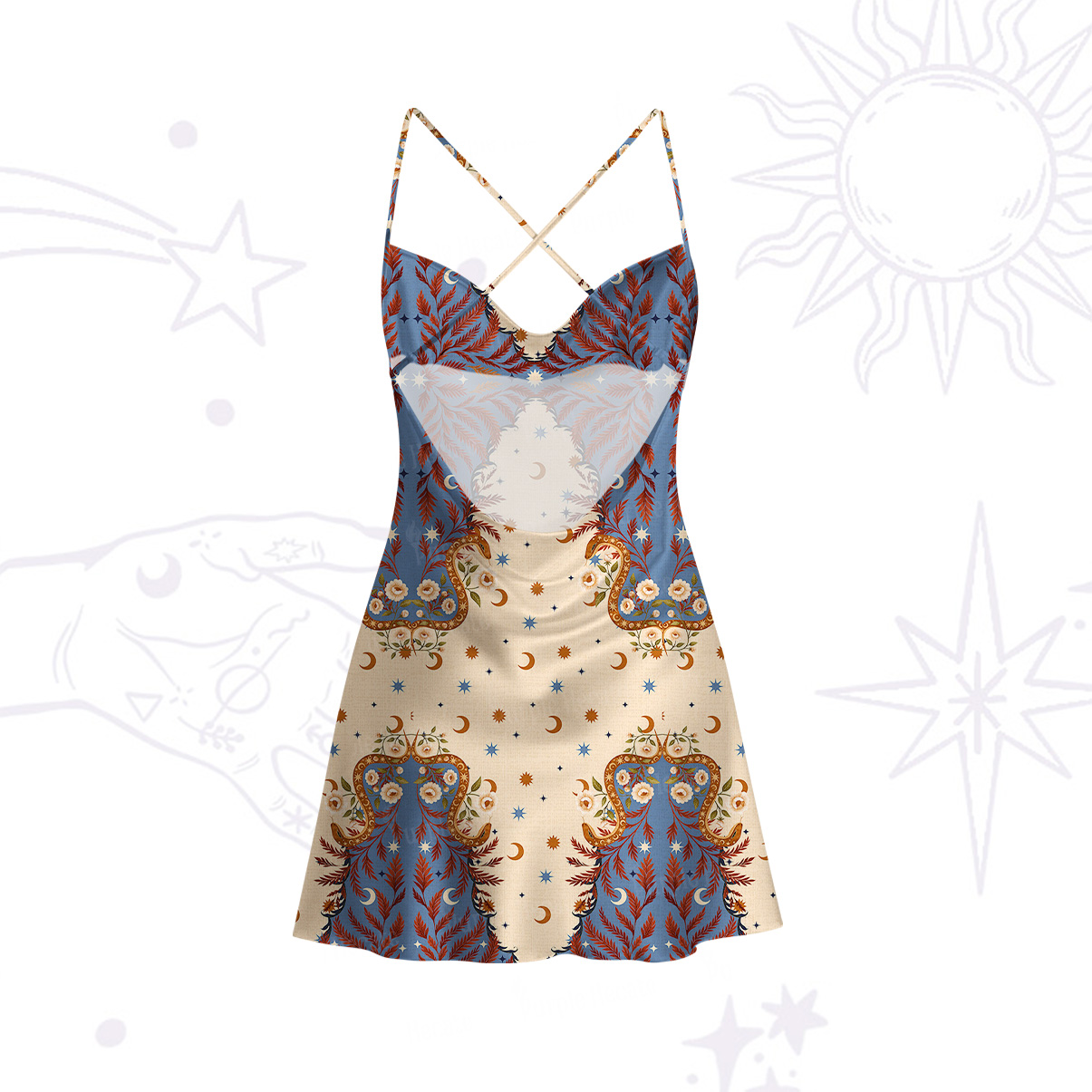 Purplehecate Celestial Ascension Satin Cross Back Mini Dress