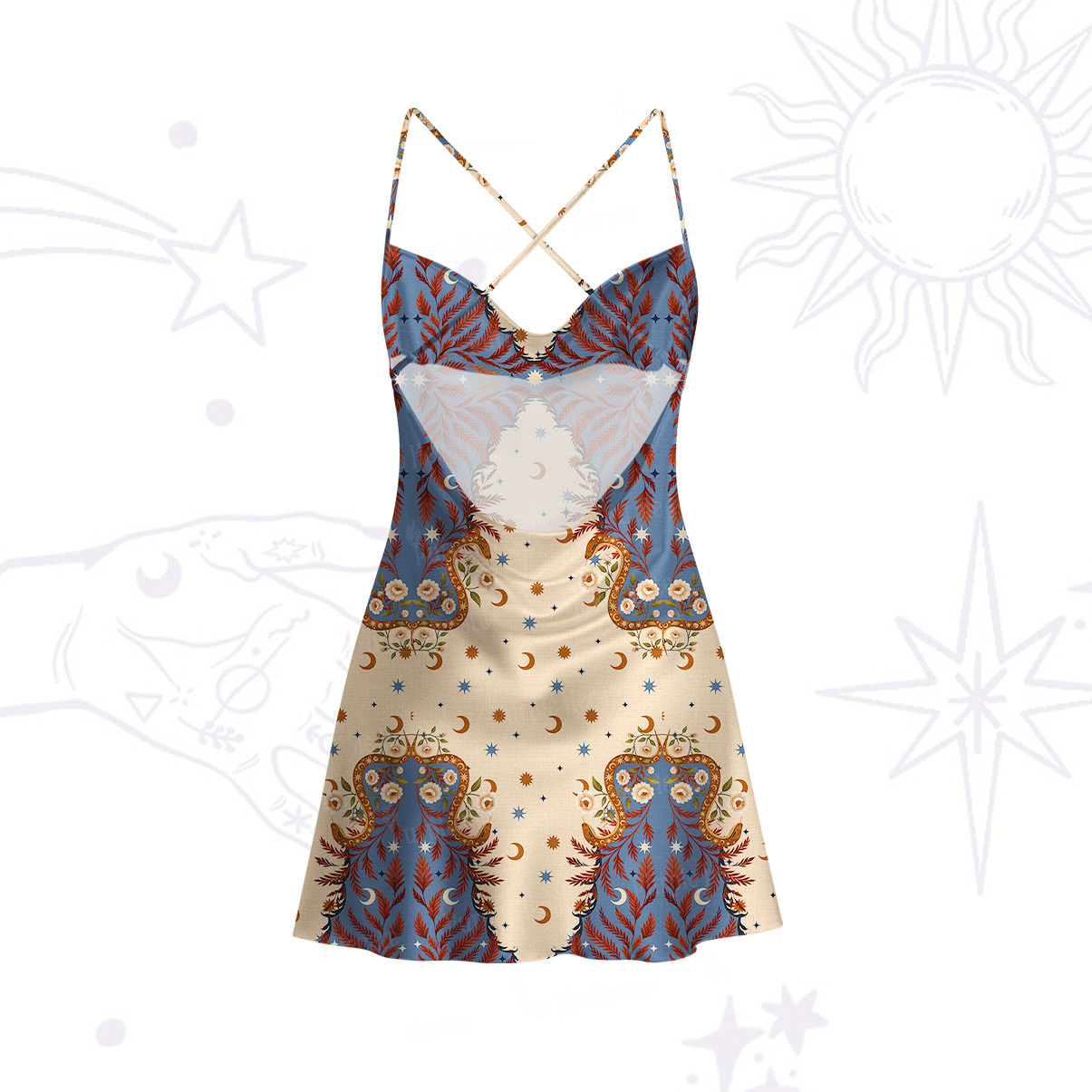 Purplehecate Celestial Ascension Satin Cross Back Mini Dress