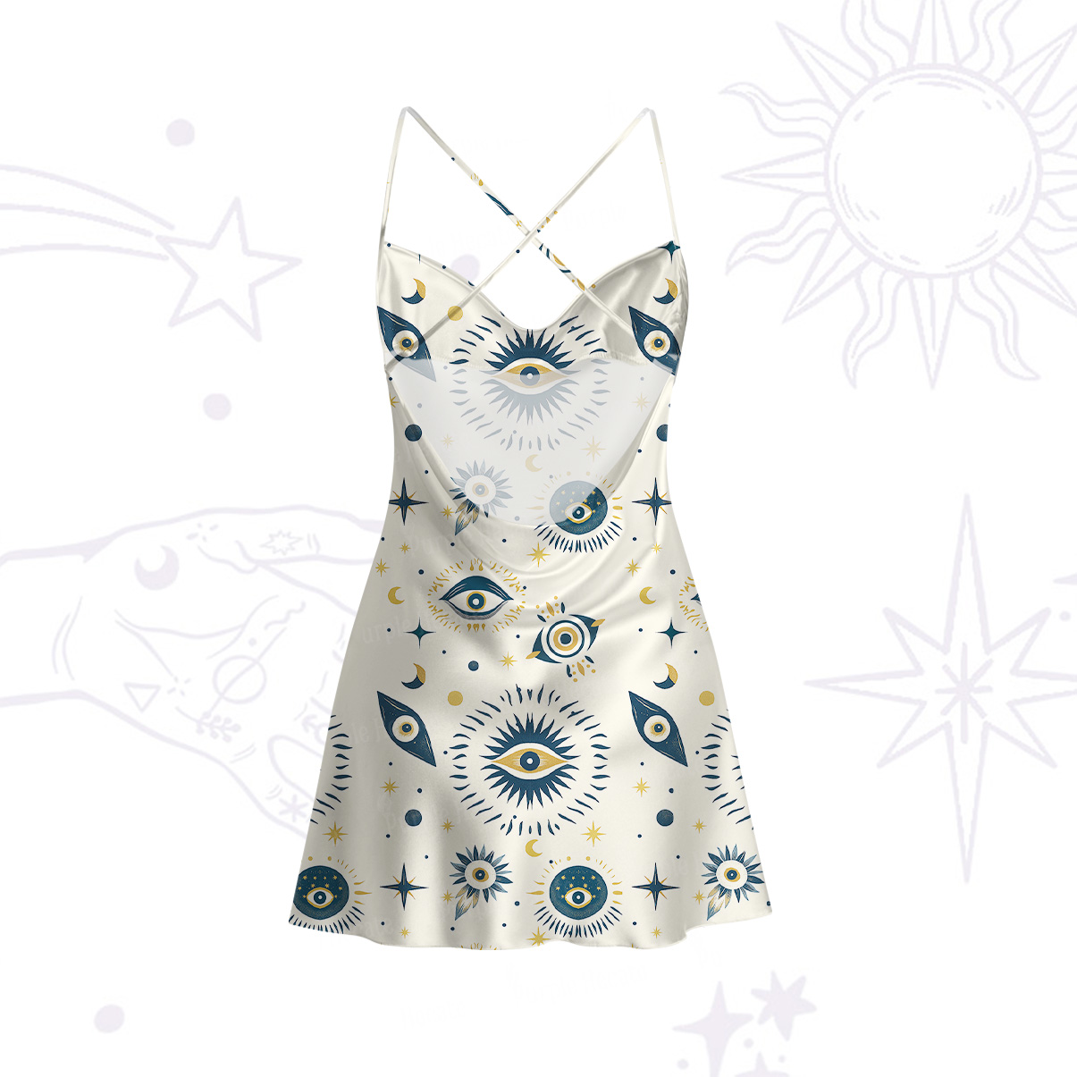 Purplehecate Sun Eye Satin Cross Back Mini Dress