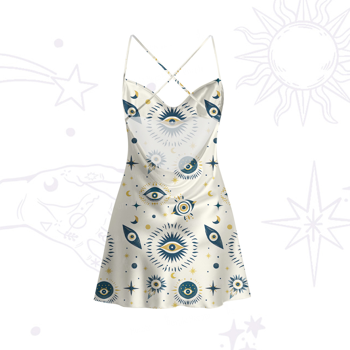 Purplehecate Sun Eye Satin Cross Back Mini Dress
