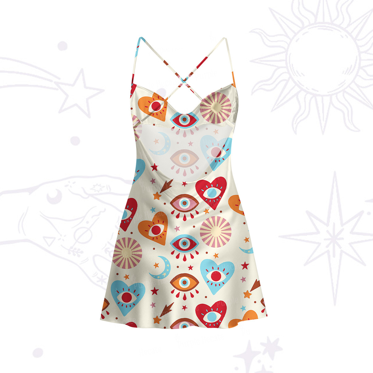 Purplehecate The Enchanted Eye of Love Satin Cross Back Mini Dress