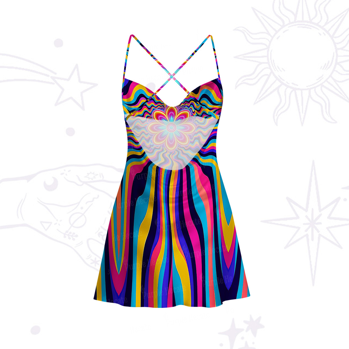 Purplehecate Psychedelic Bloom Satin Cross Back Mini Dress