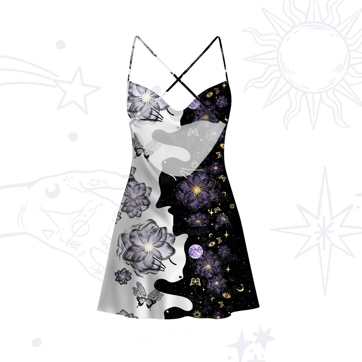 Purplehecate Starlit Cats & Butterflies Satin Cross Back Mini Dress