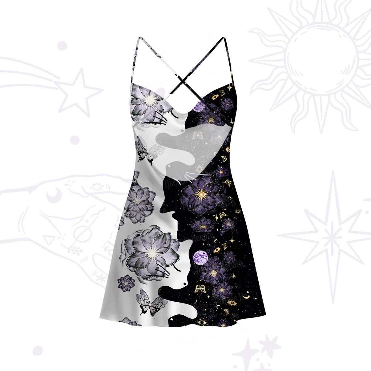 Purplehecate Starlit Cats & Butterflies Satin Cross Back Mini Dress