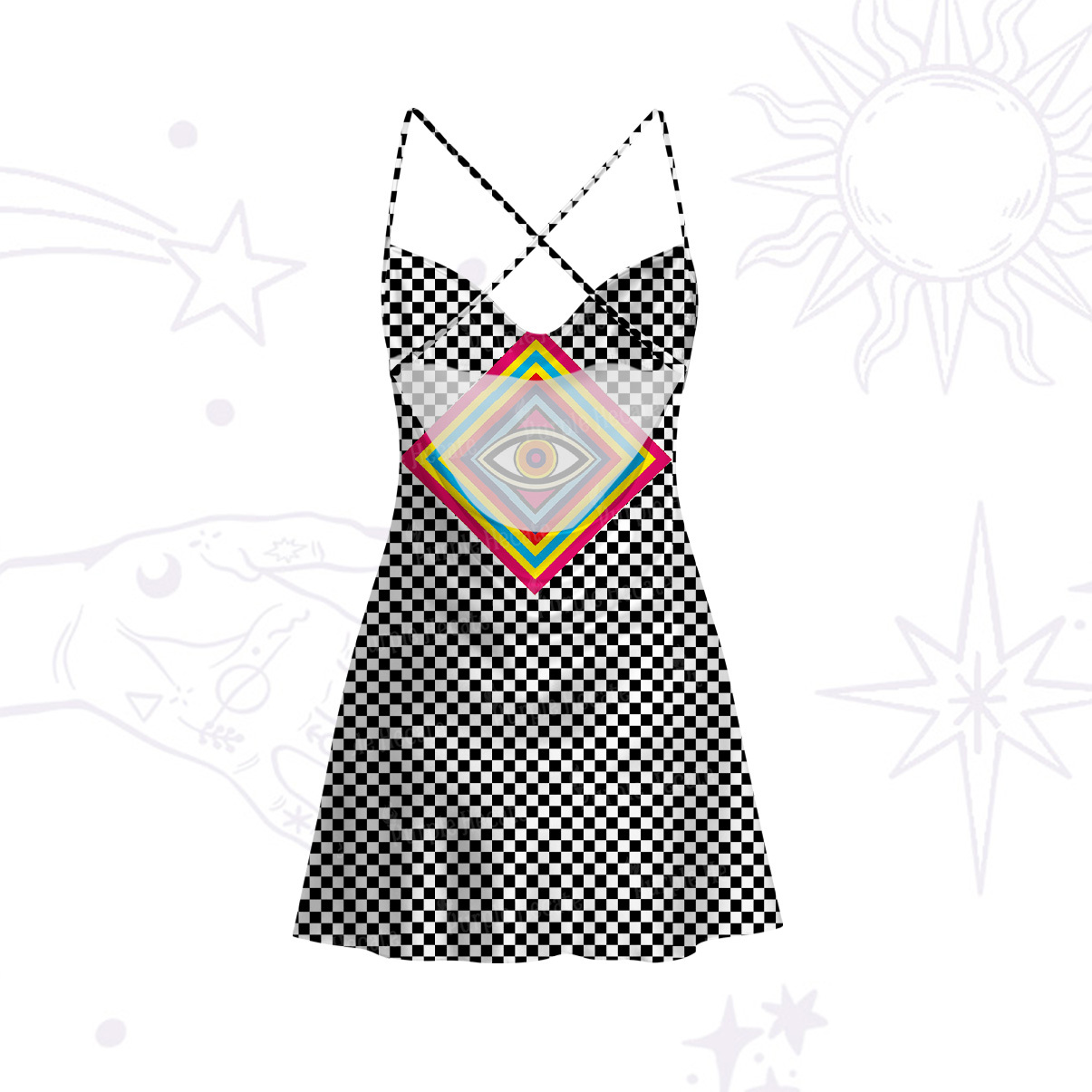 Purplehecate Eye of Illusion Satin Cross Back Mini Dress