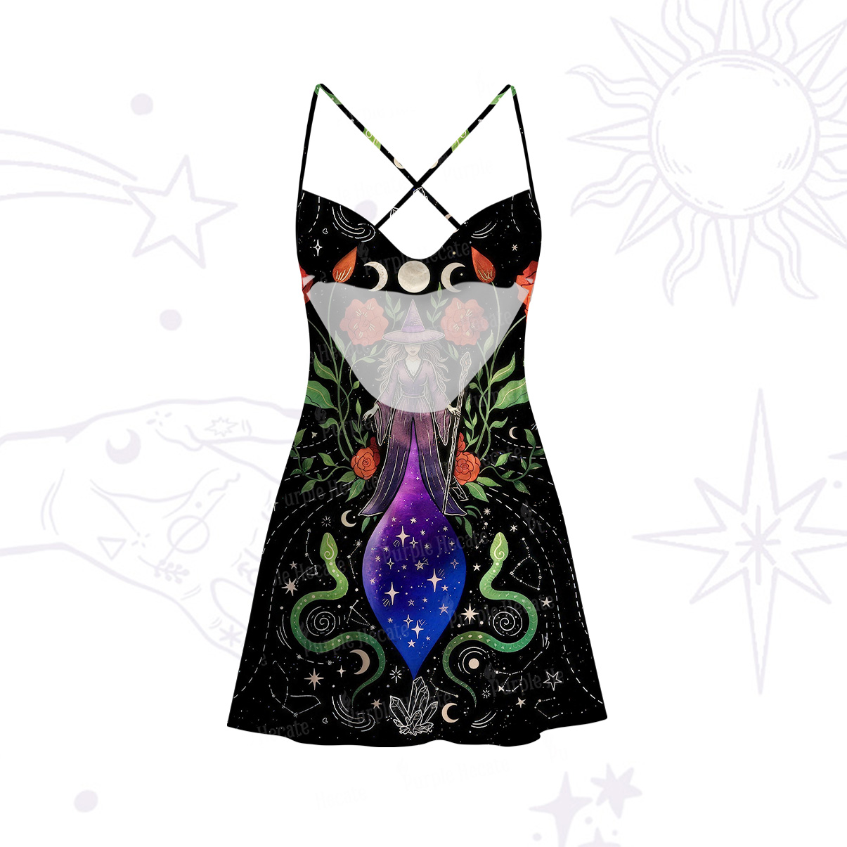 Purplehecate Moon Witch Garden Satin Cross Back Mini Dress