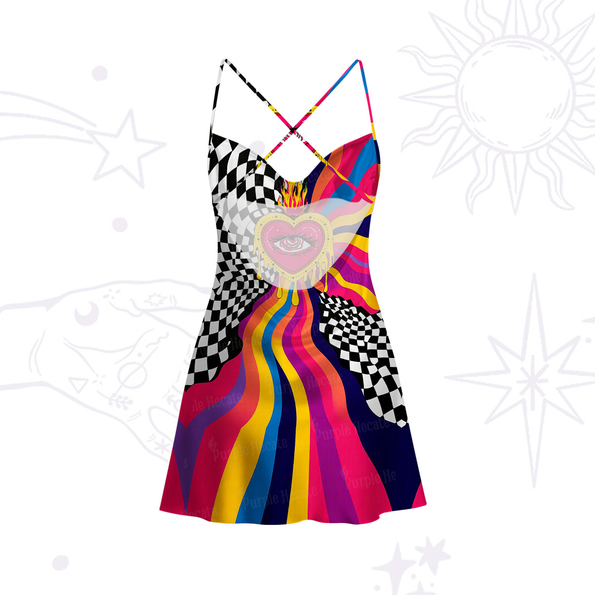 Purplehecate Trippy Rainbow Heart Eye Satin Cross Back Mini Dress