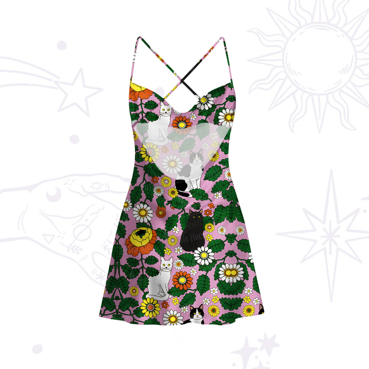 Purplehecate Daisy Cat  Garden Satin Cross Back Mini Dress