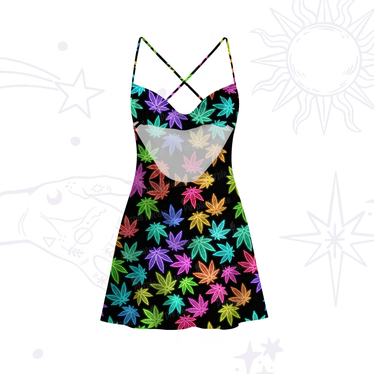 Purplehecate Trippy Weed Satin Cross Back Mini Dress
