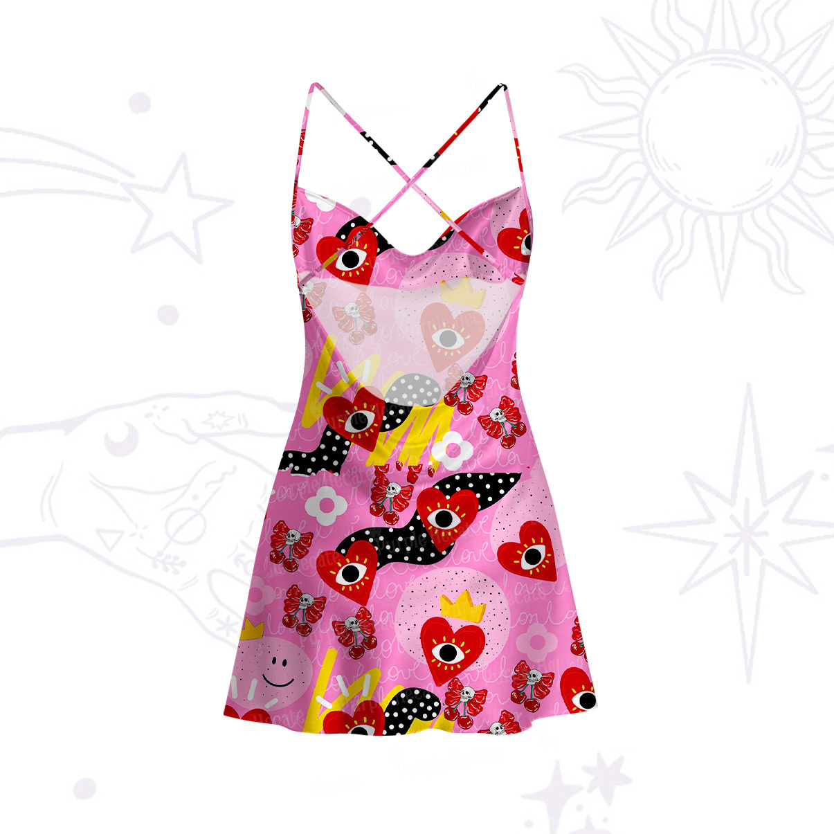 Purplehecate Evil Eye Heart Satin Cross Back Mini Dress