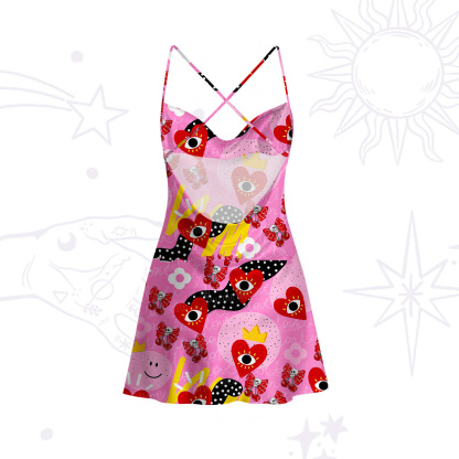 Purplehecate Evil Eye Heart Satin Cross Back Mini Dress