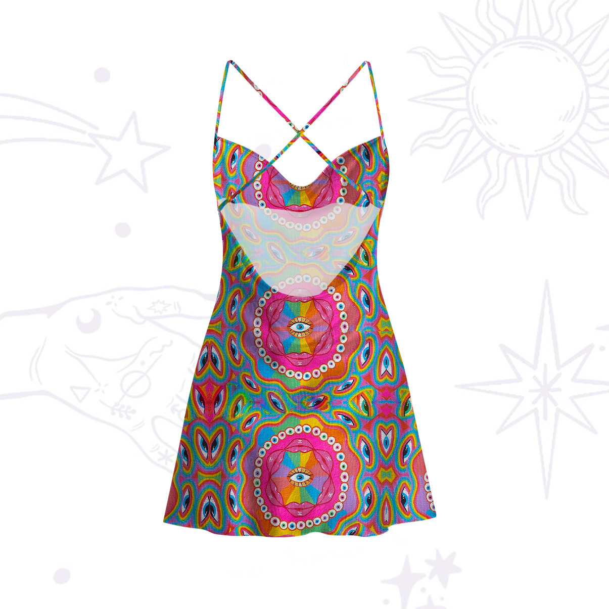 Purplehecate Chromatic Dreamwave Satin Cross Back Mini Dress