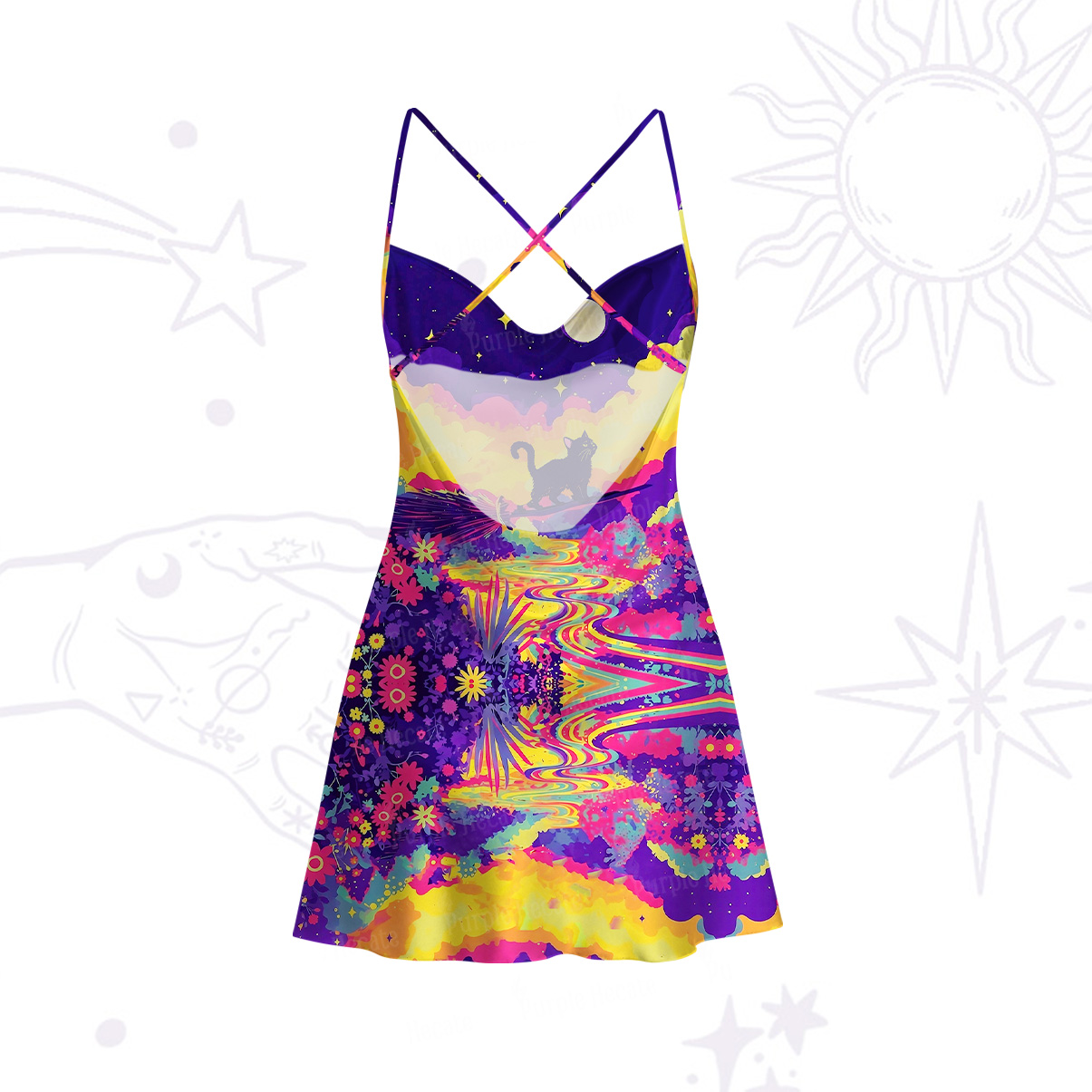 Purplehecate Midnight Cosmic Cat Fantasy Satin Cross Back Mini Dress