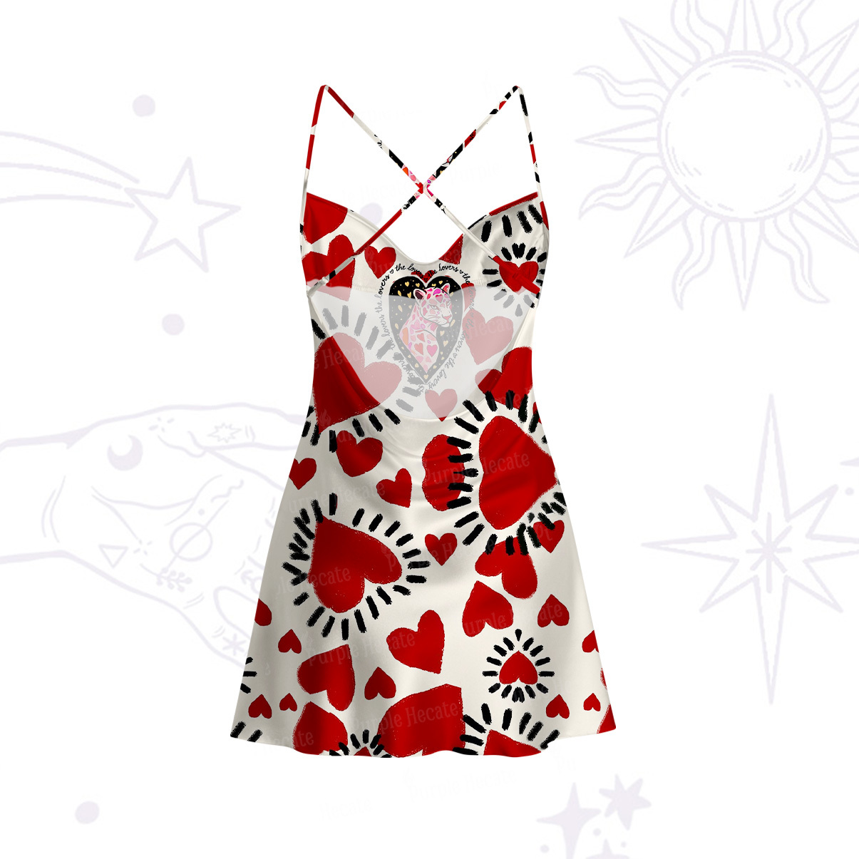 Purplehecate Wild Love Leopard Heart Satin Cross Back Mini Dress