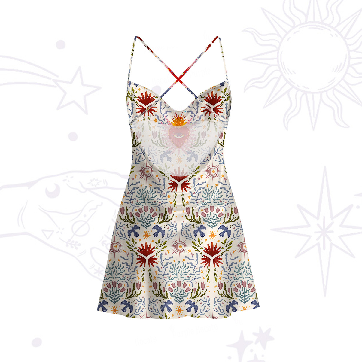 Purplehecate Sacred Flame Heart Satin Cross Back Mini Dress