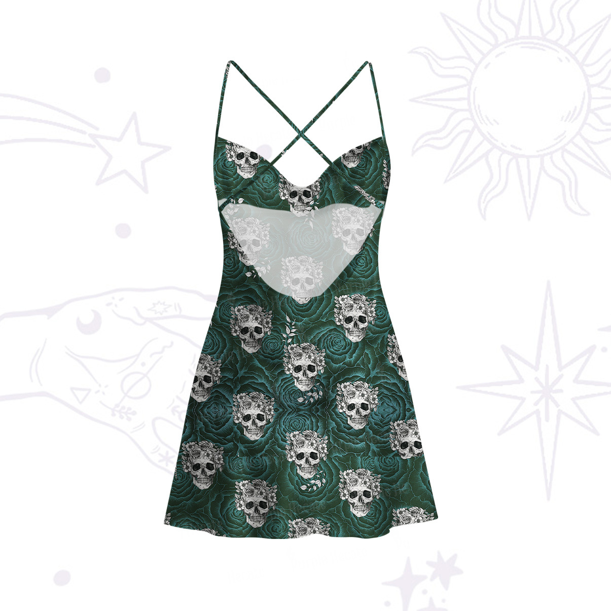 Purplehecate Rose Skulll Satin Cross Back Mini Dress