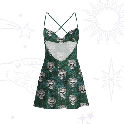 Purplehecate Rose Skulll Satin Cross Back Mini Dress