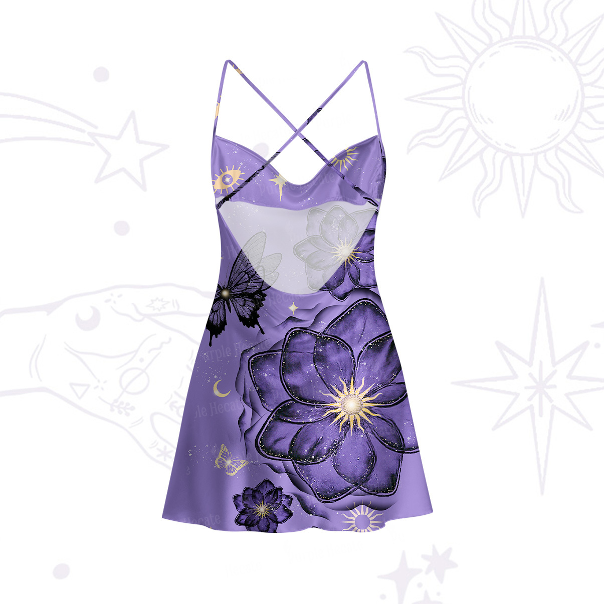 Purplehecate Moonlit Petals and Wings Satin Cross Back Mini Dress