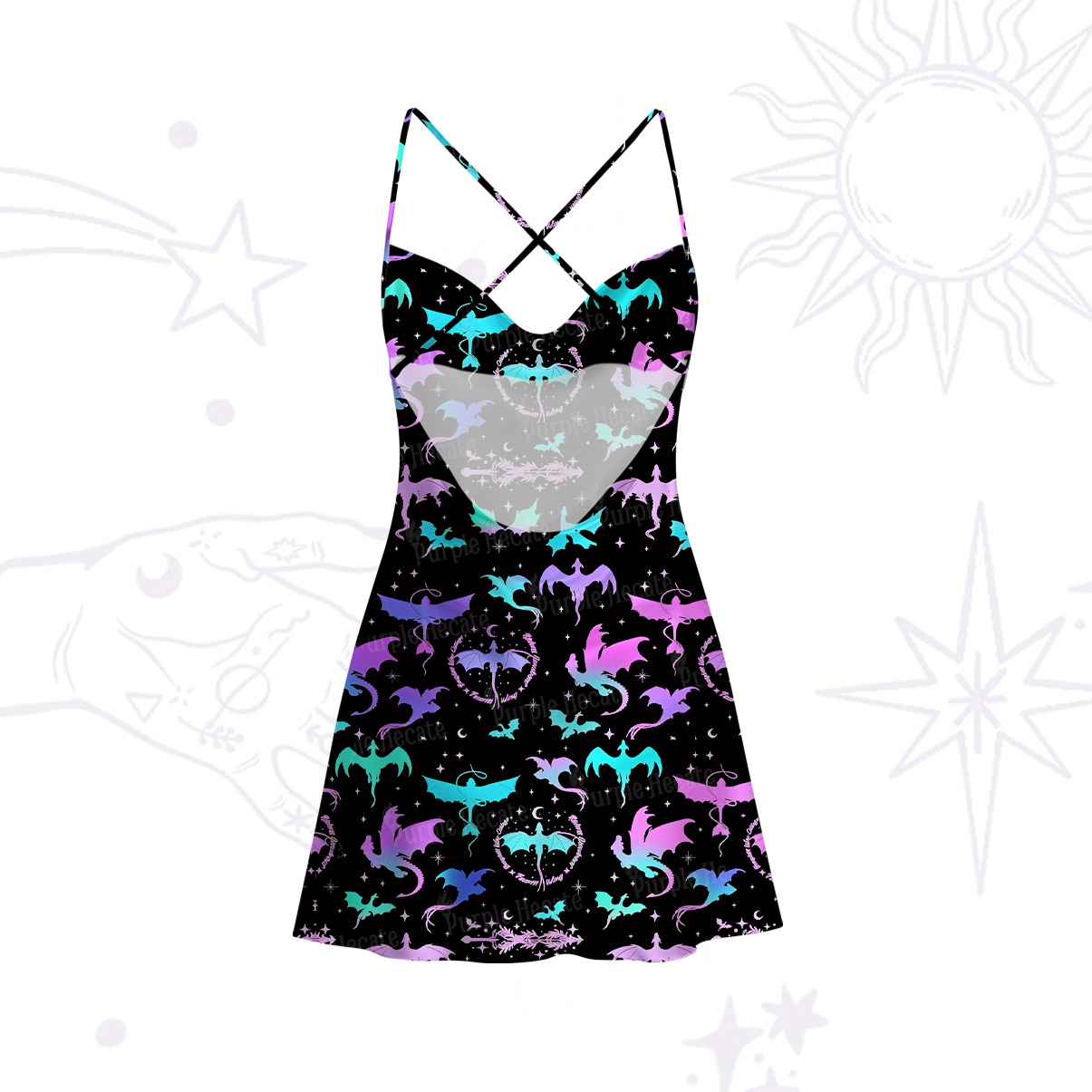 Purplehecate Neon Fantasy Dragon Allover Satin Cross Back Mini Dress