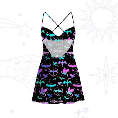 Purplehecate Neon Fantasy Dragon Allover Satin Cross Back Mini Dress