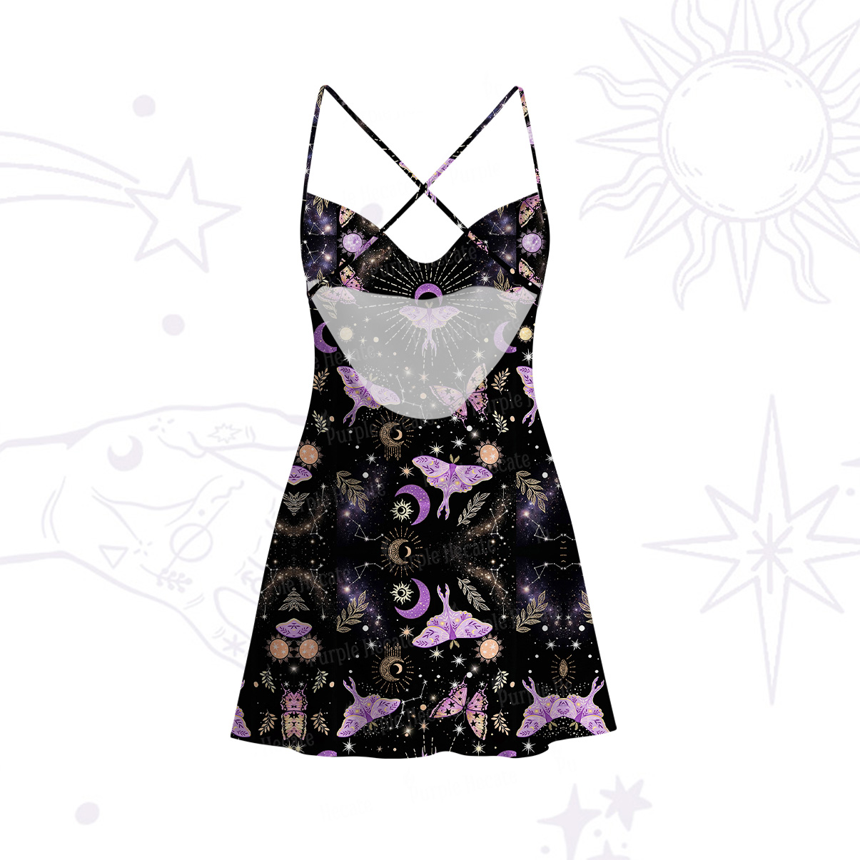 Purplehecate Starry Night Lunar Moth Satin Cross Back Mini Dress