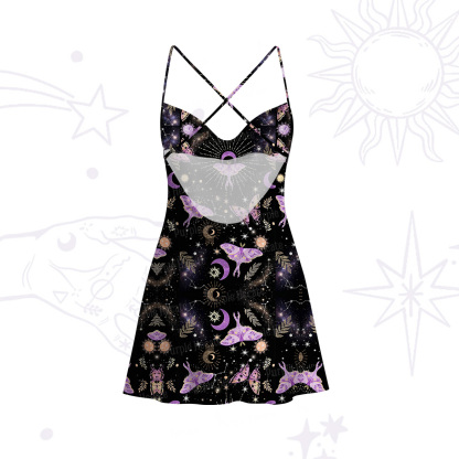 Purplehecate Starry Night Lunar Moth Satin Cross Back Mini Dress