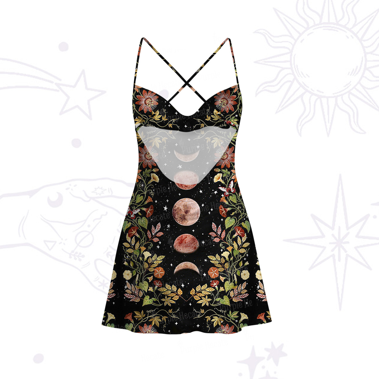 Purplehecate Moon Phase Floral Satin Cross Back Mini Dress