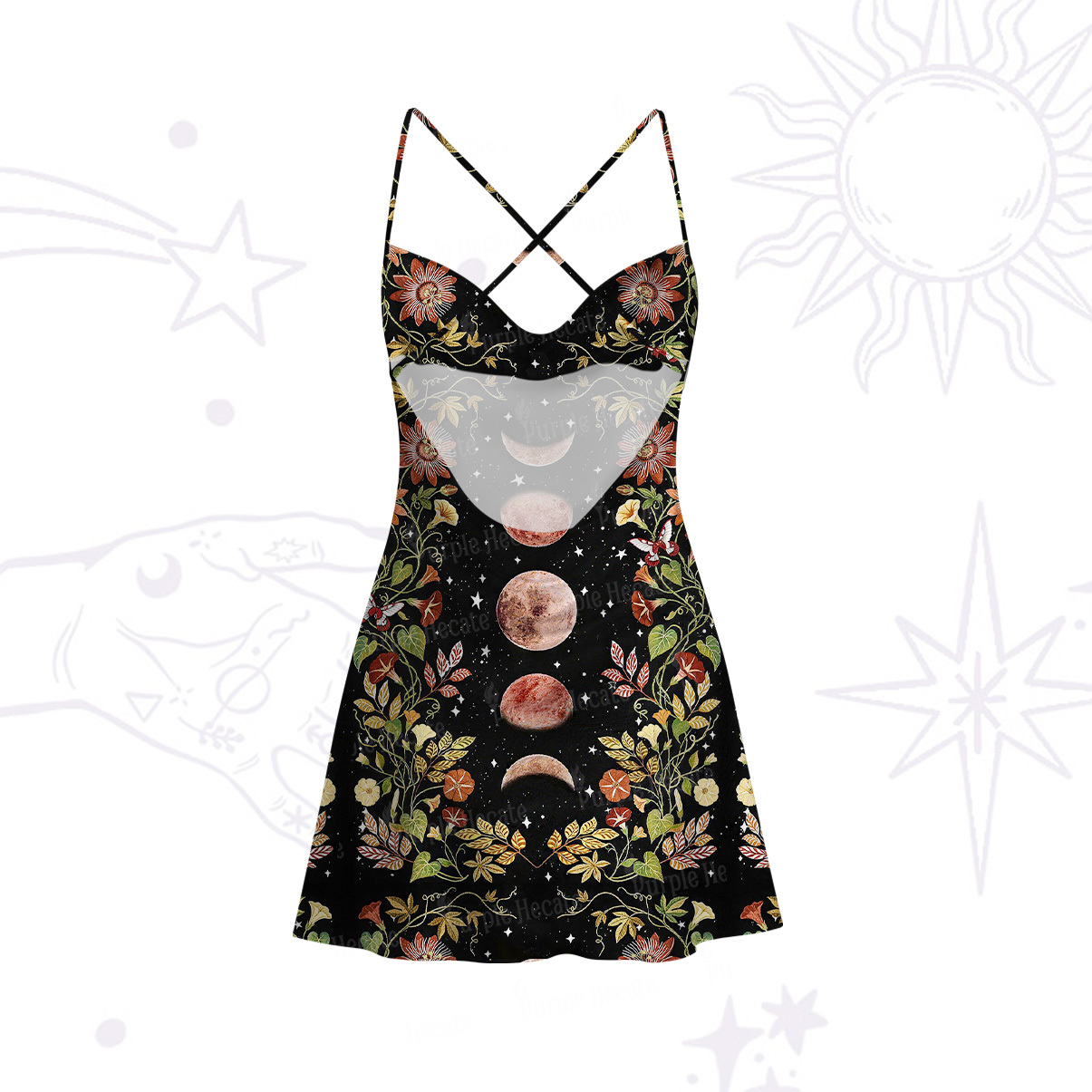 Purplehecate Moon Phase Floral Satin Cross Back Mini Dress