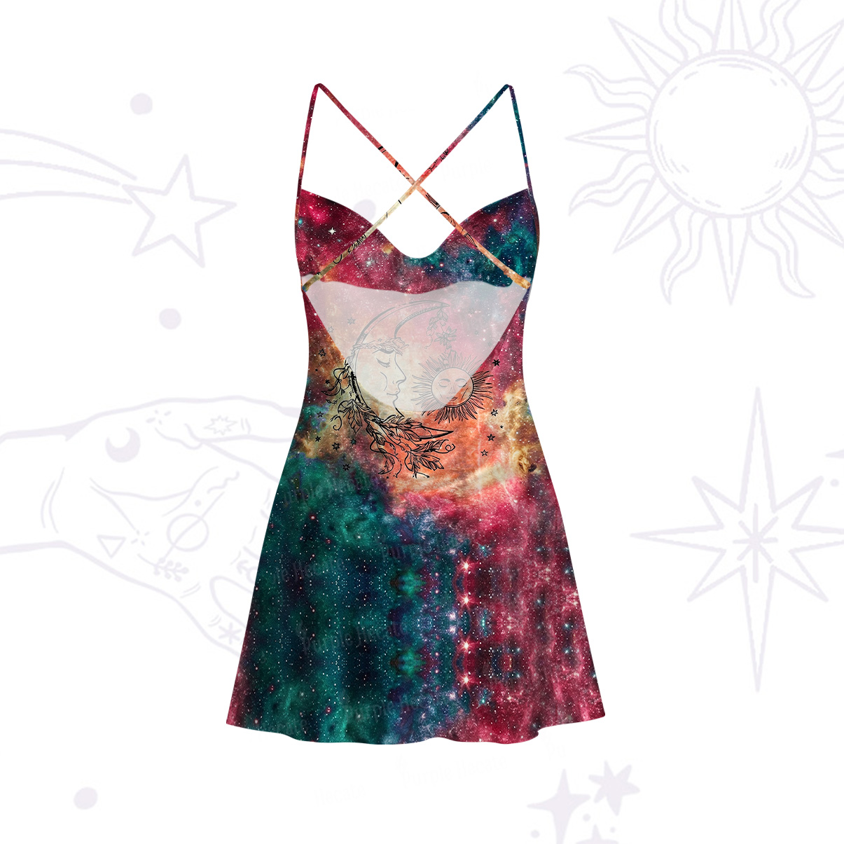 Purplehecate Sun Moon Dreams Satin Cross Back Mini Dress