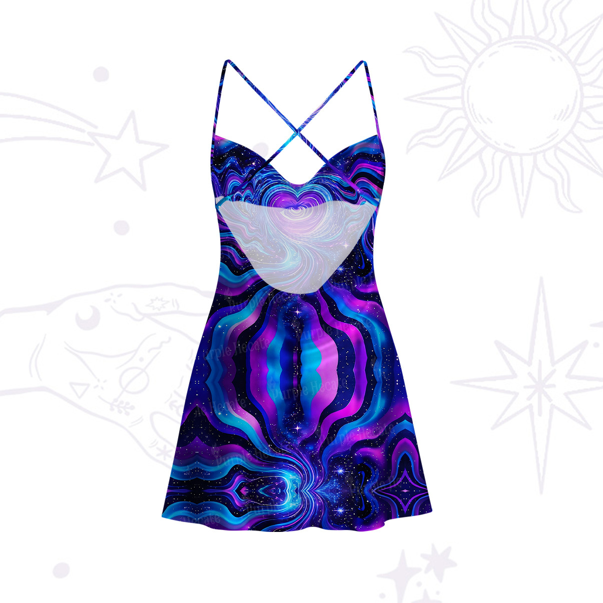 Purplehecate Cosmic Heart Satin Cross Back Mini Dress
