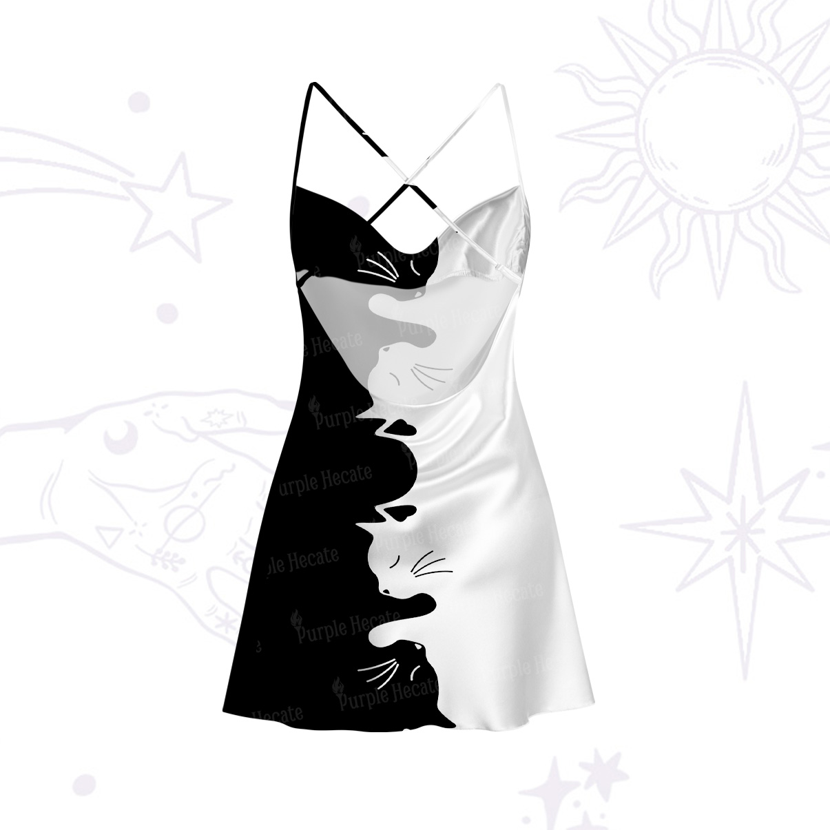 Purplehecate Yin Yang Cat Lover Satin Cross Back Mini Dress