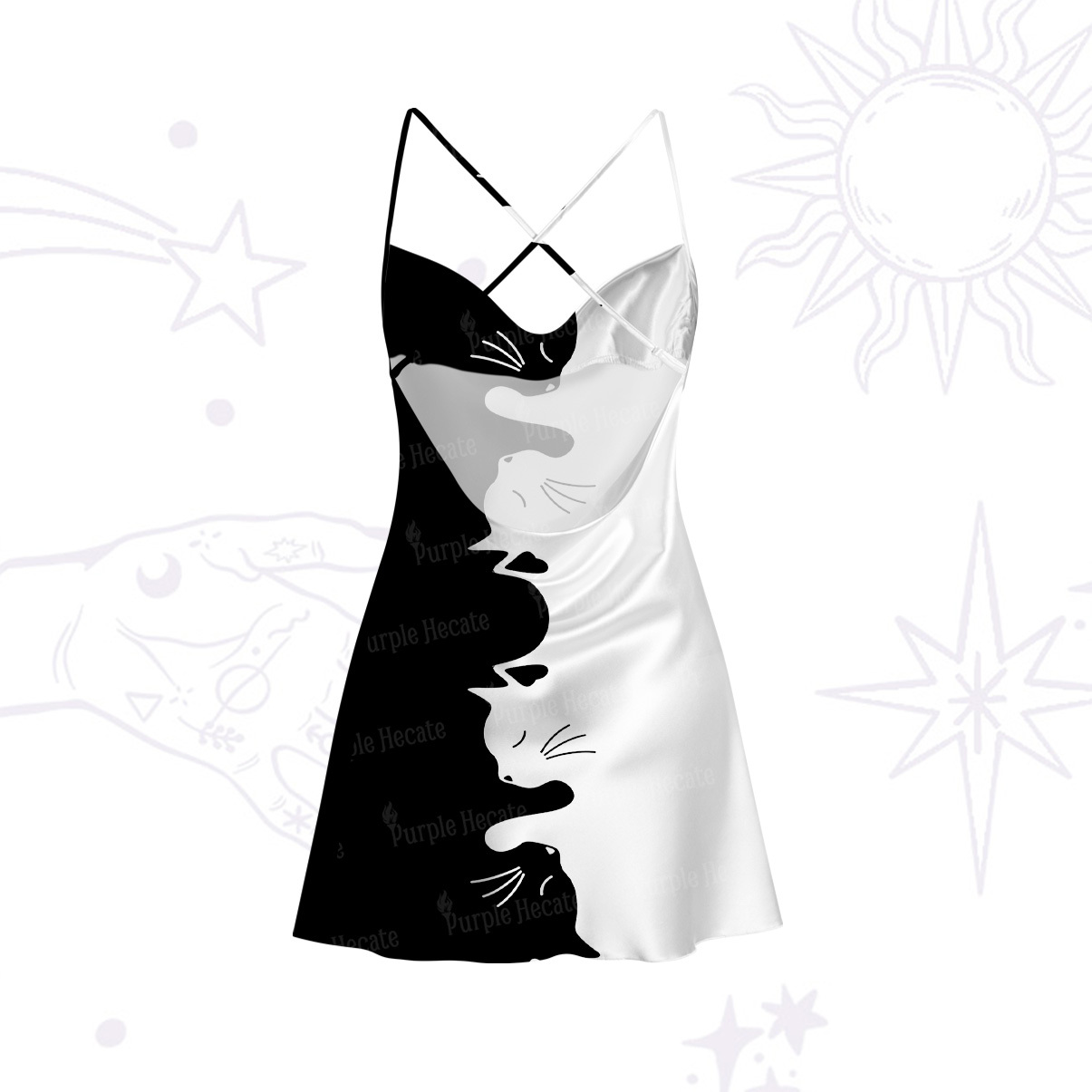 Purplehecate Yin Yang Cat Lover Satin Cross Back Mini Dress