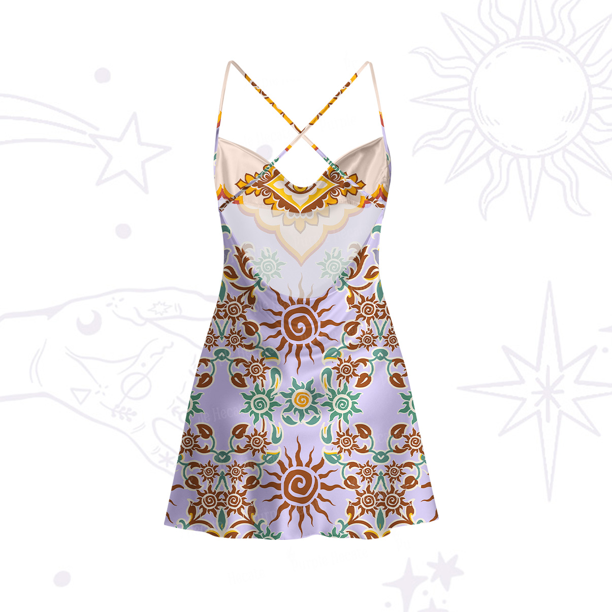 Purplehecate Solar Whispers Witch Satin Cross Back Mini Dress