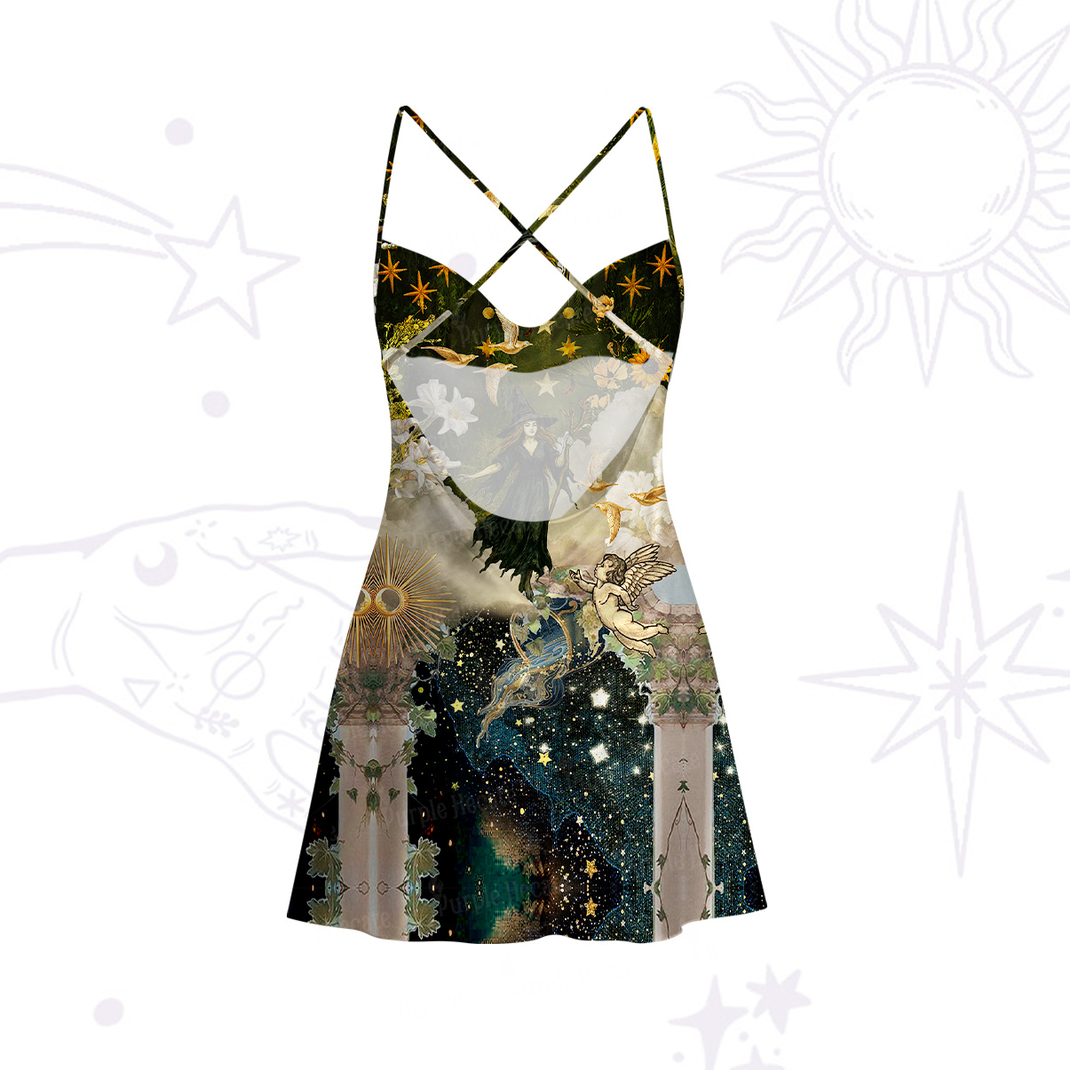 Purplehecate Garden of the Celestial Witch Satin Cross Back Mini Dress