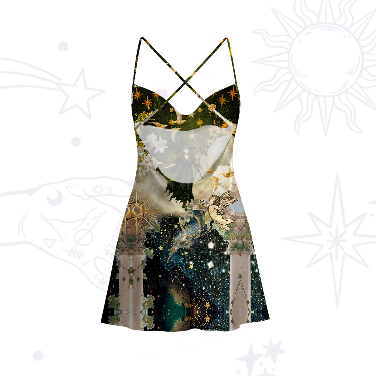 Purplehecate Garden of the Celestial Witch Satin Cross Back Mini Dress