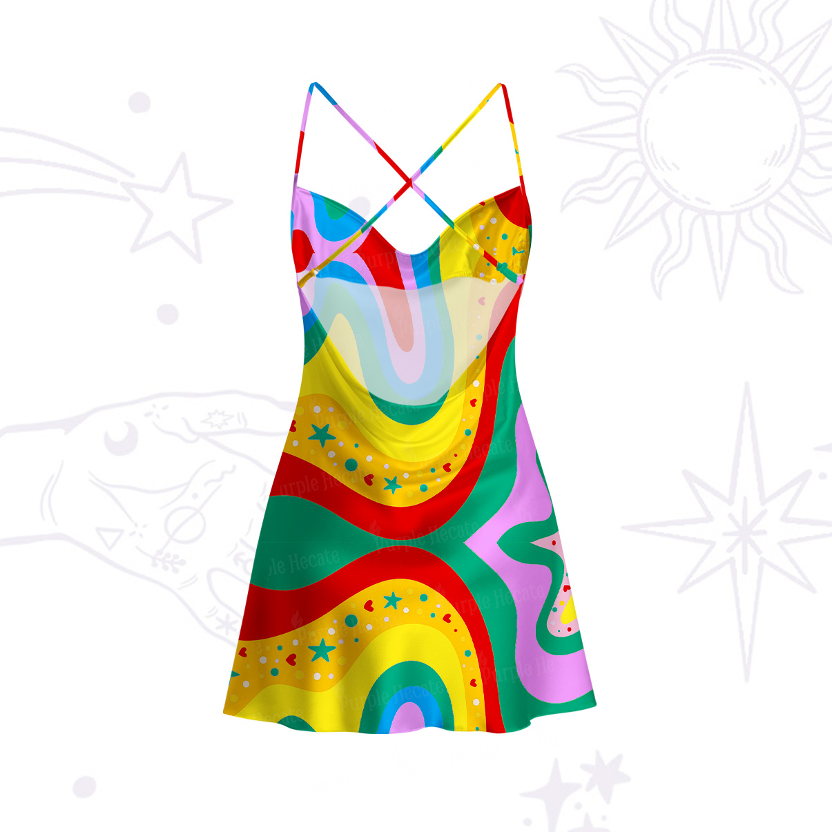 Purplehecate Dreamy Rainbow Waves Satin Cross Back Mini Dress