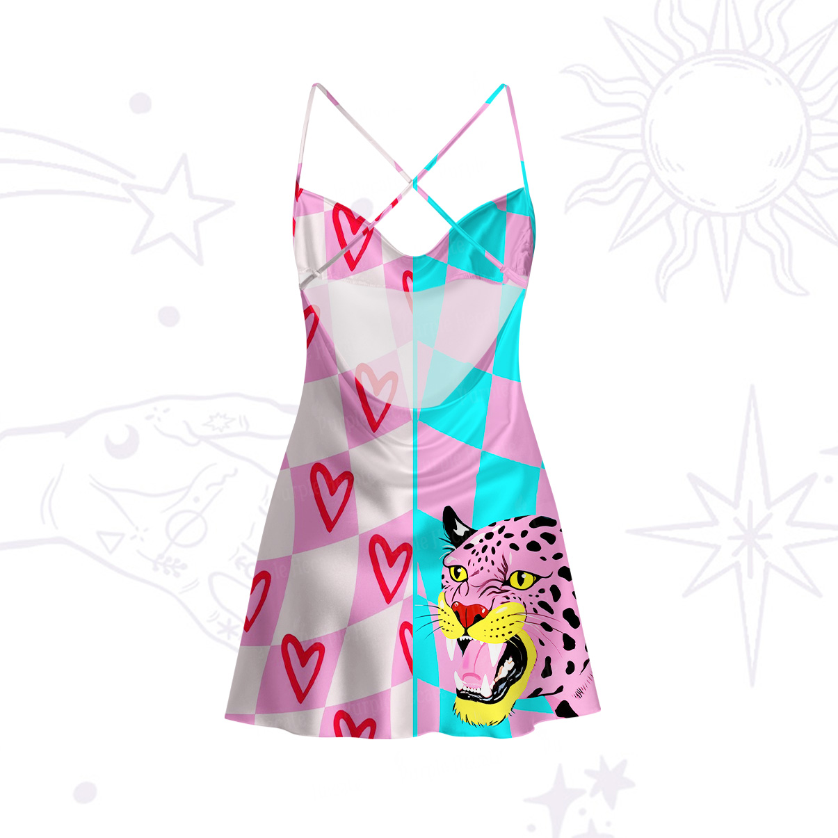 Purplehecate Savage Leopard Evil Eye Satin Cross Back Mini Dress