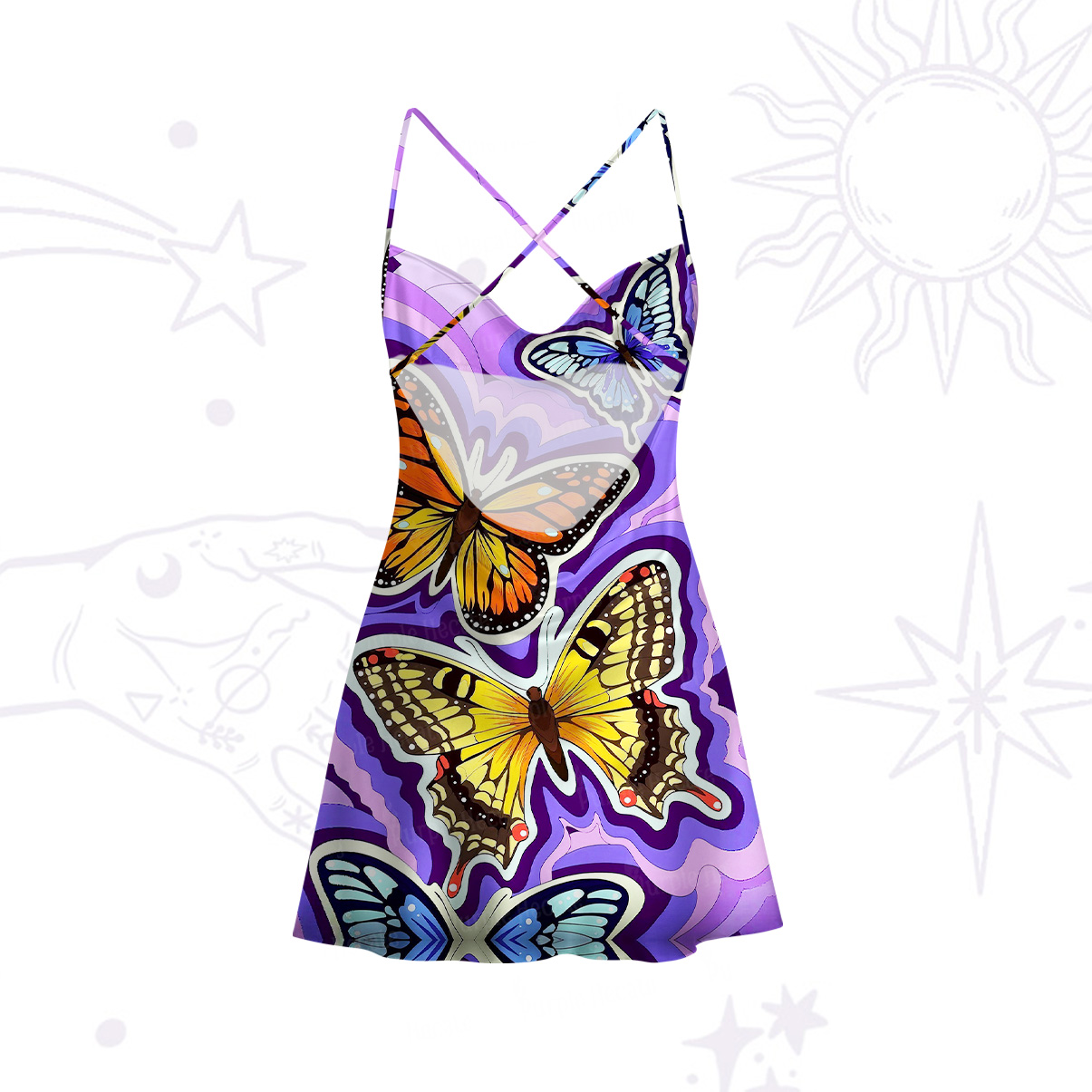 Purplehecate Psychedelic Butterfly Satin Cross Back Mini Dress