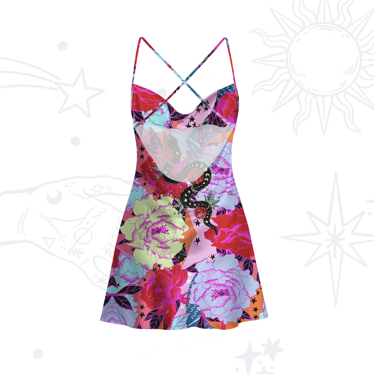 Purplehecate Enchanted Black Serpent & Floral Pattern Satin Cross Back Mini Dress