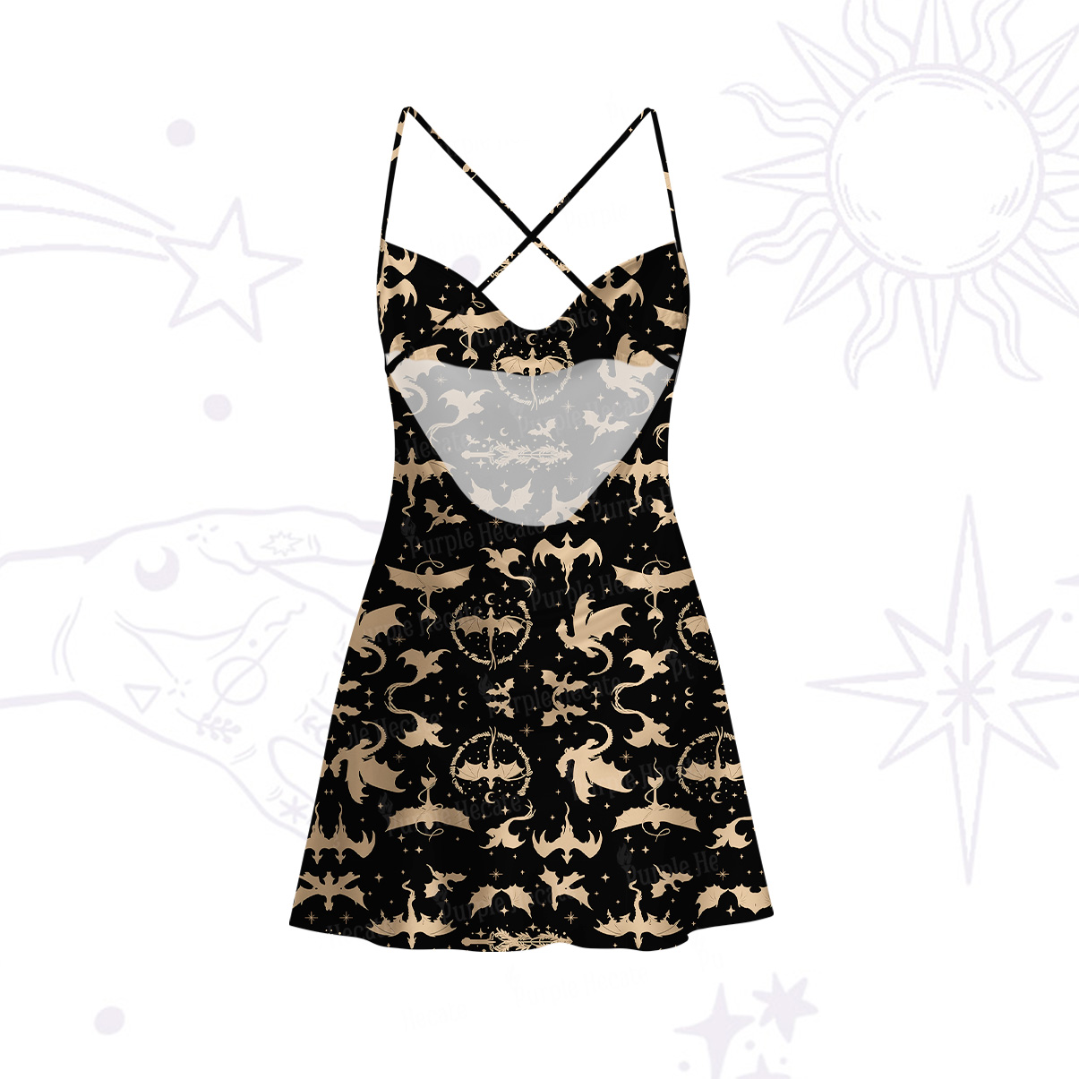 Purplehecate Fantasy Dragon Allover Satin Cross Back Mini Dress