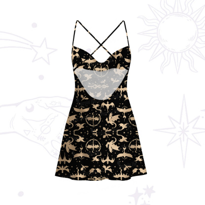 Purplehecate Fantasy Dragon Allover Satin Cross Back Mini Dress