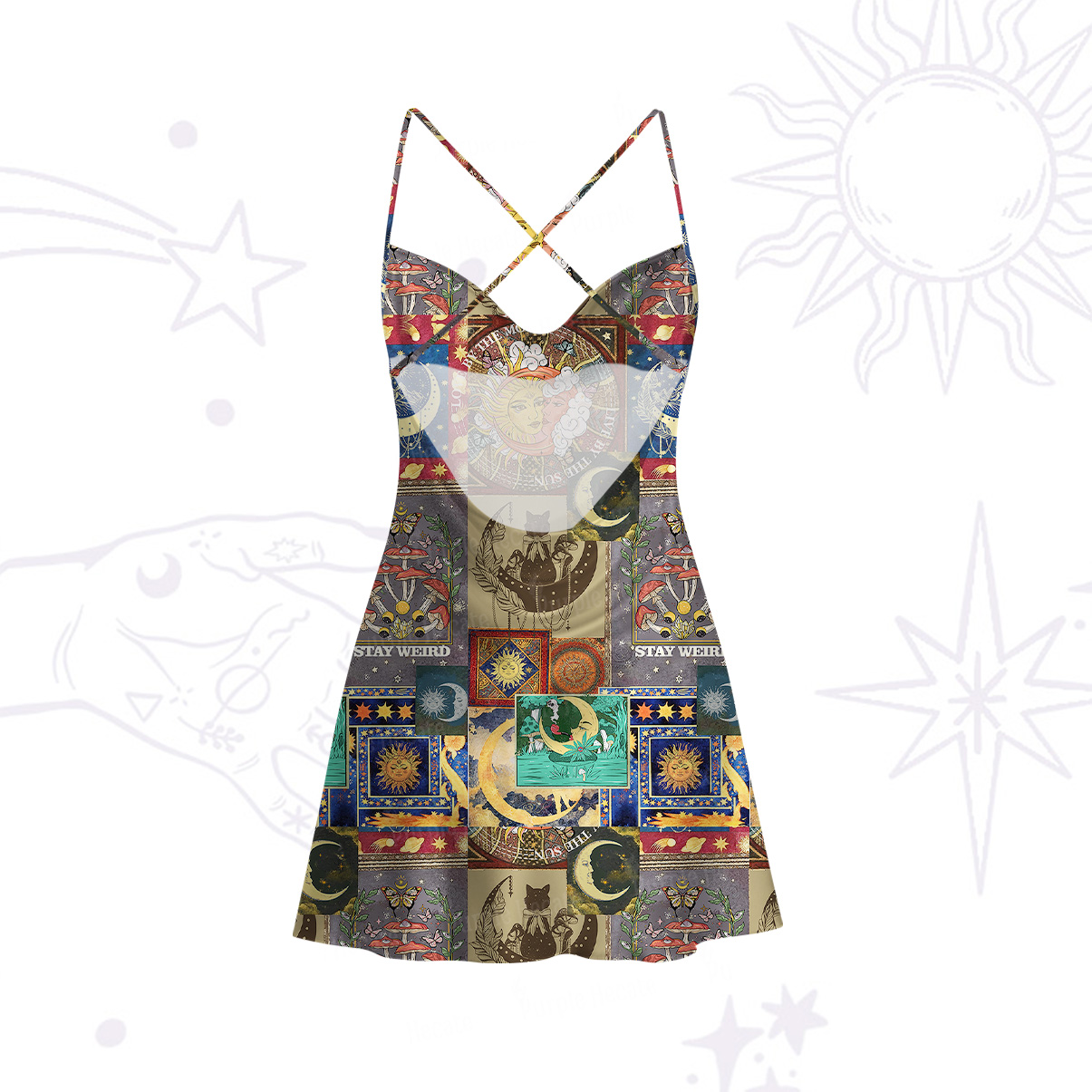 Purplehecate Starry Moon Patchwork for Cosmic Lovers Satin Cross Back Mini Dress
