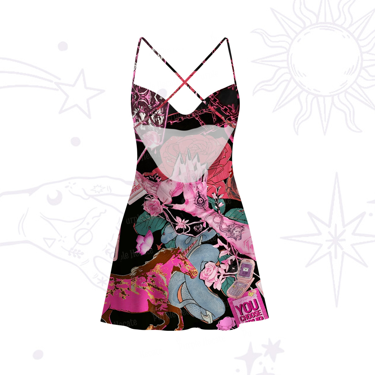 Purplehecate Pink Witch Spell Satin Cross Back Mini Dress