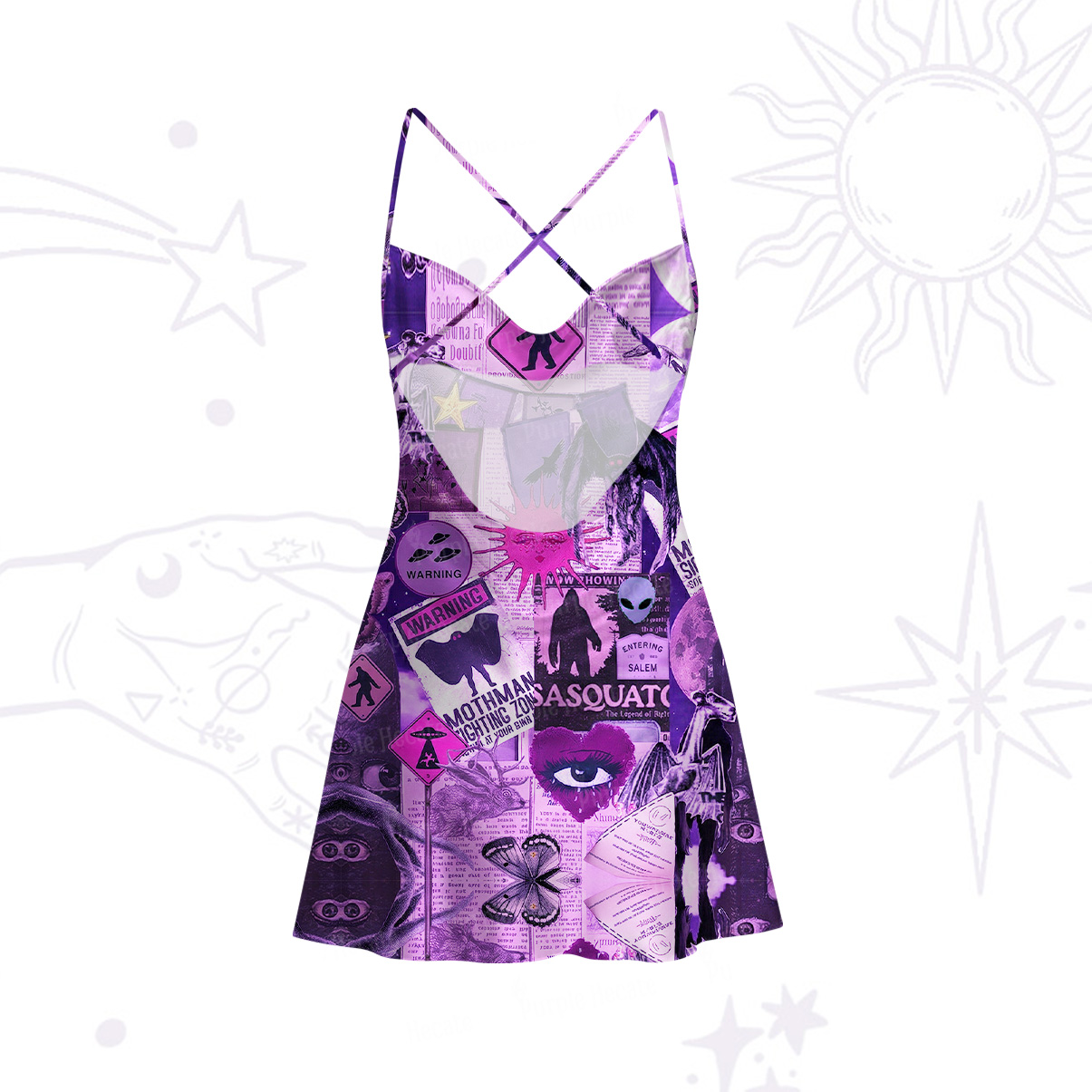 Purplehecate Cryptid Warning Collage Satin Cross Back Mini Dress