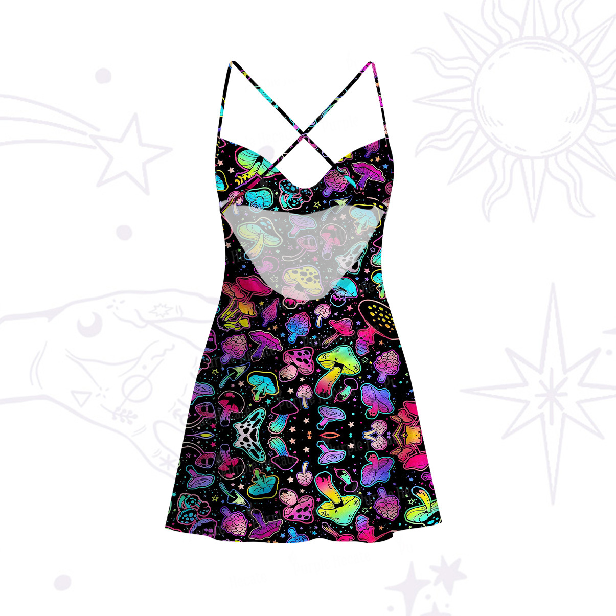 Purplehecate Psychedelic Mushroom Rave Satin Cross Back Mini Dress